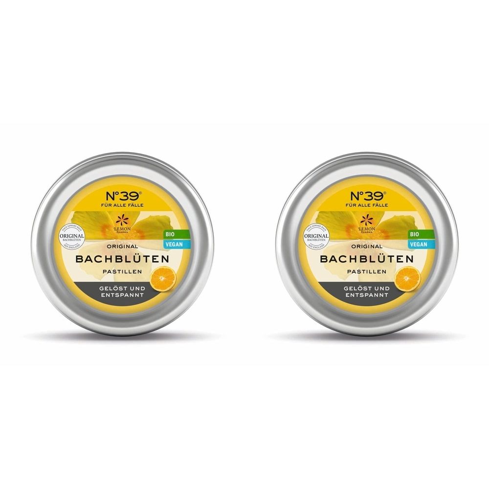 Zwei runde, silberfarbene Dosen mit gelbem Deckel. Aufschrift: N°39, Original Bachblüten Pastillen. Vegan und Bio-Siegel.