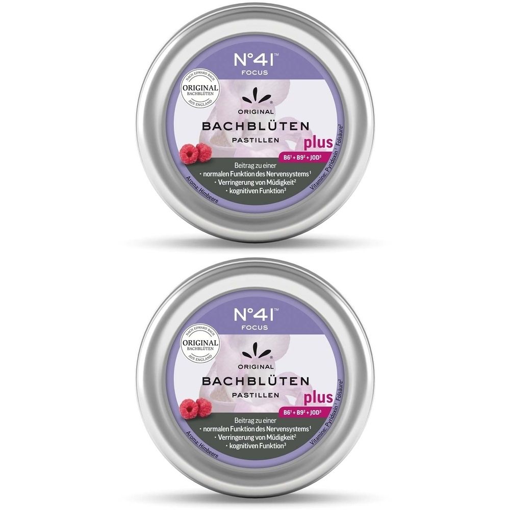 Zwei runde, silberfarbene Dosen mit lila Deckel. Aufschrift: N°41, Bachblüten Pastillen plus. Mit Himbeeren-Abbildung.