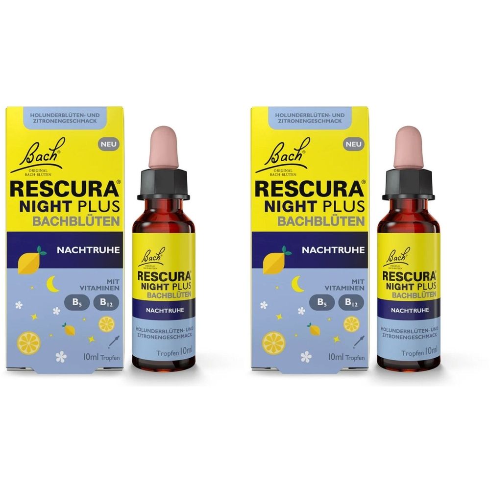 Zwei Flaschen und Schachteln. Aufschrift: RESCURA NIGHT PLUS BACHBLÜTEN. Mit Vitaminen. Tropfen.