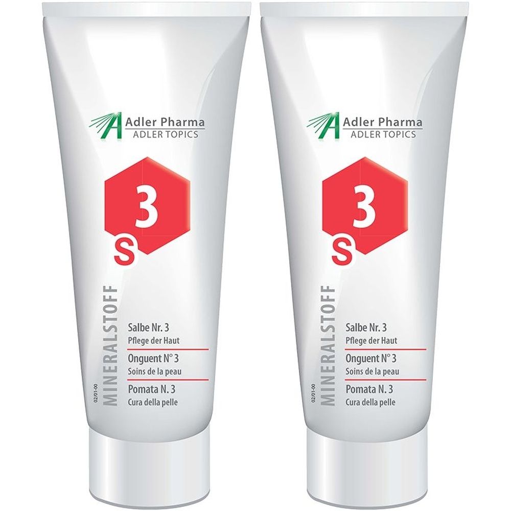 Zwei weiße Tuben MINERALSTOFF Salbe Nr. 3. Roter Aufdruck mit Zahl 3. Adler Pharma Logo.