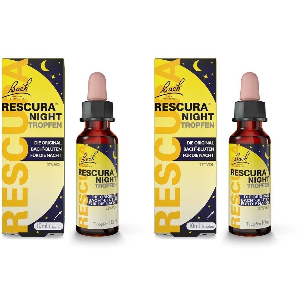 Zwei Fläschchen mit Tropfen und Verpackungen. Aufschrift: RESCURA NIGHT TROPFEN. Fläschchen mit Pipette. Gelbe Verpackung mit Mond und Sternen.