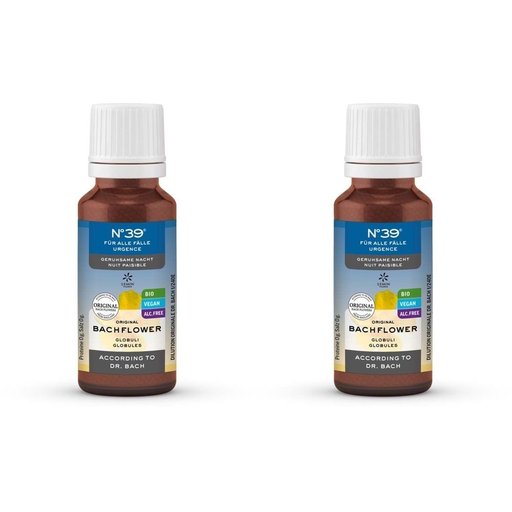 Zwei braune Flaschen mit weißen Deckeln. Auf den Etiketten steht "N°39" und "Bachflower". Bio, vegan und glutenfrei.