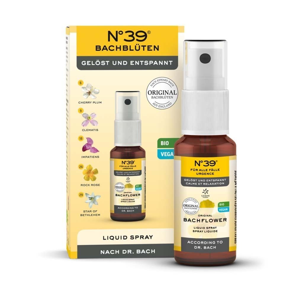 Eine Sprühflasche und eine Faltschachtel mit 'N°39 Bachblüten Gelöst und Entspannt Liquid Spray' und Abbildungen von Bachblumen.