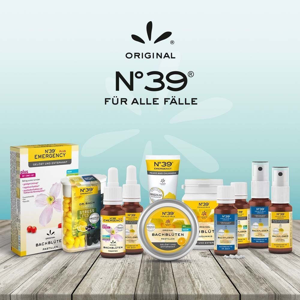 Eine Auswahl an Bachblüten-Produkten, darunter Sprays, Pastillen und Cremes, von 'Original N°39® Für alle Fälle'.