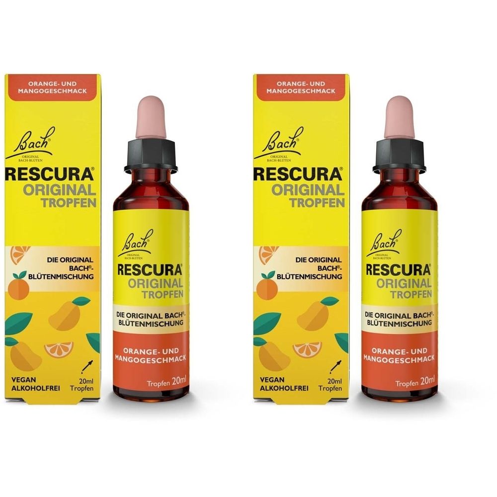 Zwei Flaschen und zwei Schachteln. Aufschrift: Bach RESCURA ORIGINAL TROPFEN. Orange- und Mangogeschmack. Vegan, alkoholfrei.