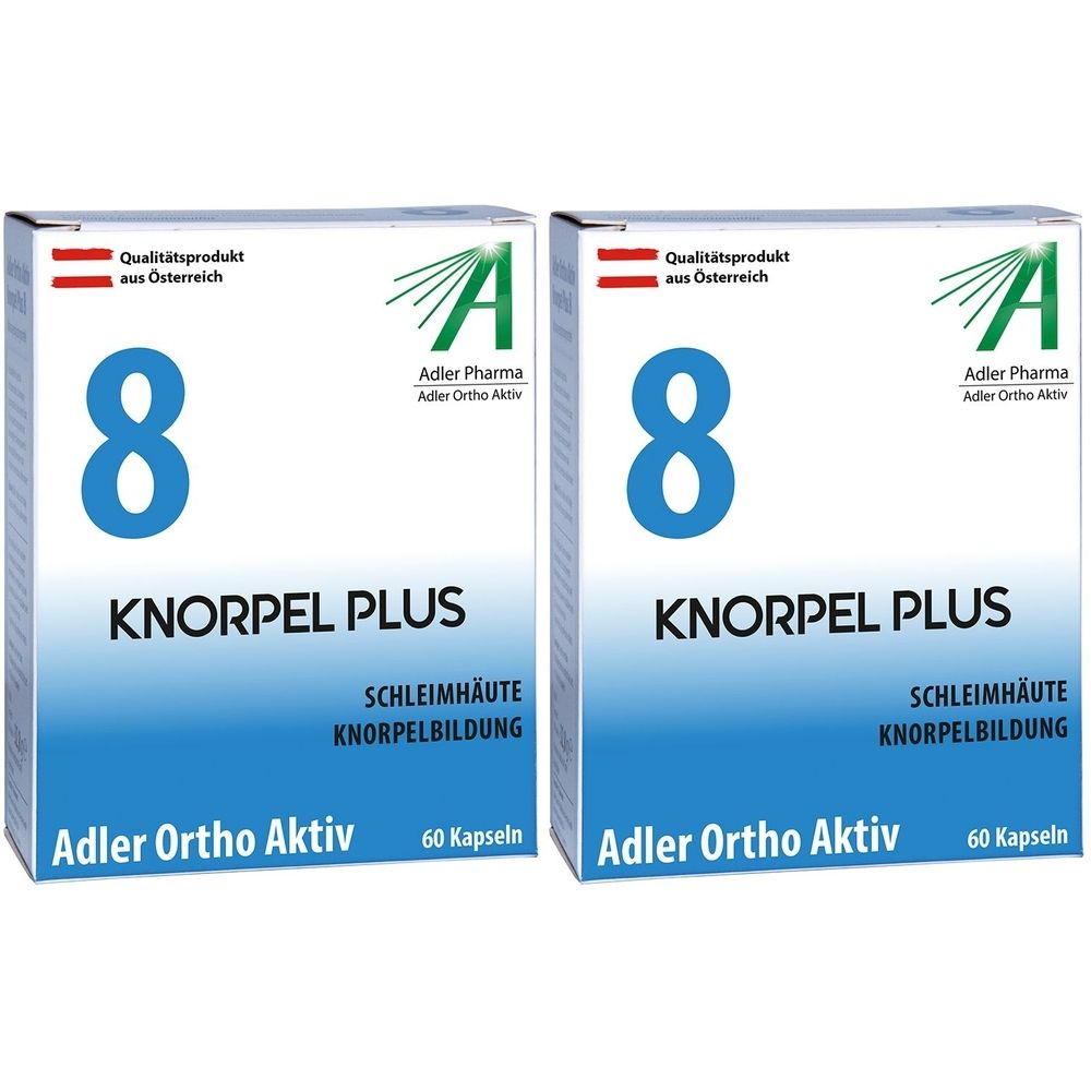 Zwei rechteckige Schachteln mit der Aufschrift "8 KNORPEL PLUS". Text: "Adler Ortho Aktiv", "60 Kapseln". Logo: "A" mit grünen Strahlen.