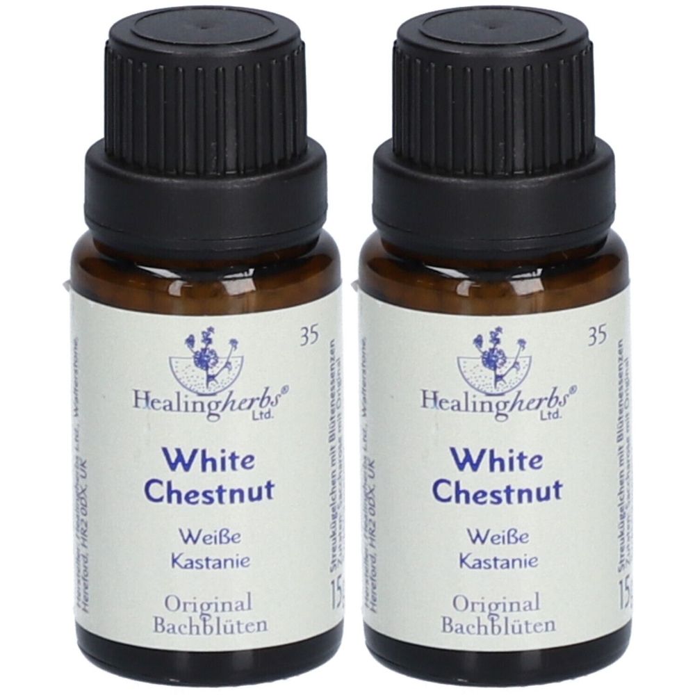 Zwei braune Glasflaschen mit schwarzem Deckel. Auf den Etiketten steht "White Chestnut" und "Healingherbs".