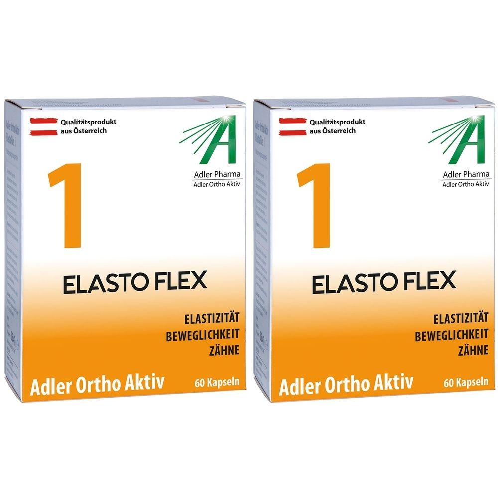Zwei weiße Schachteln mit orangefarbenen Akzenten. Aufschrift: "ELASTO FLEX", "Adler Ortho Aktiv", "60 Kapseln". Logo mit "A".
