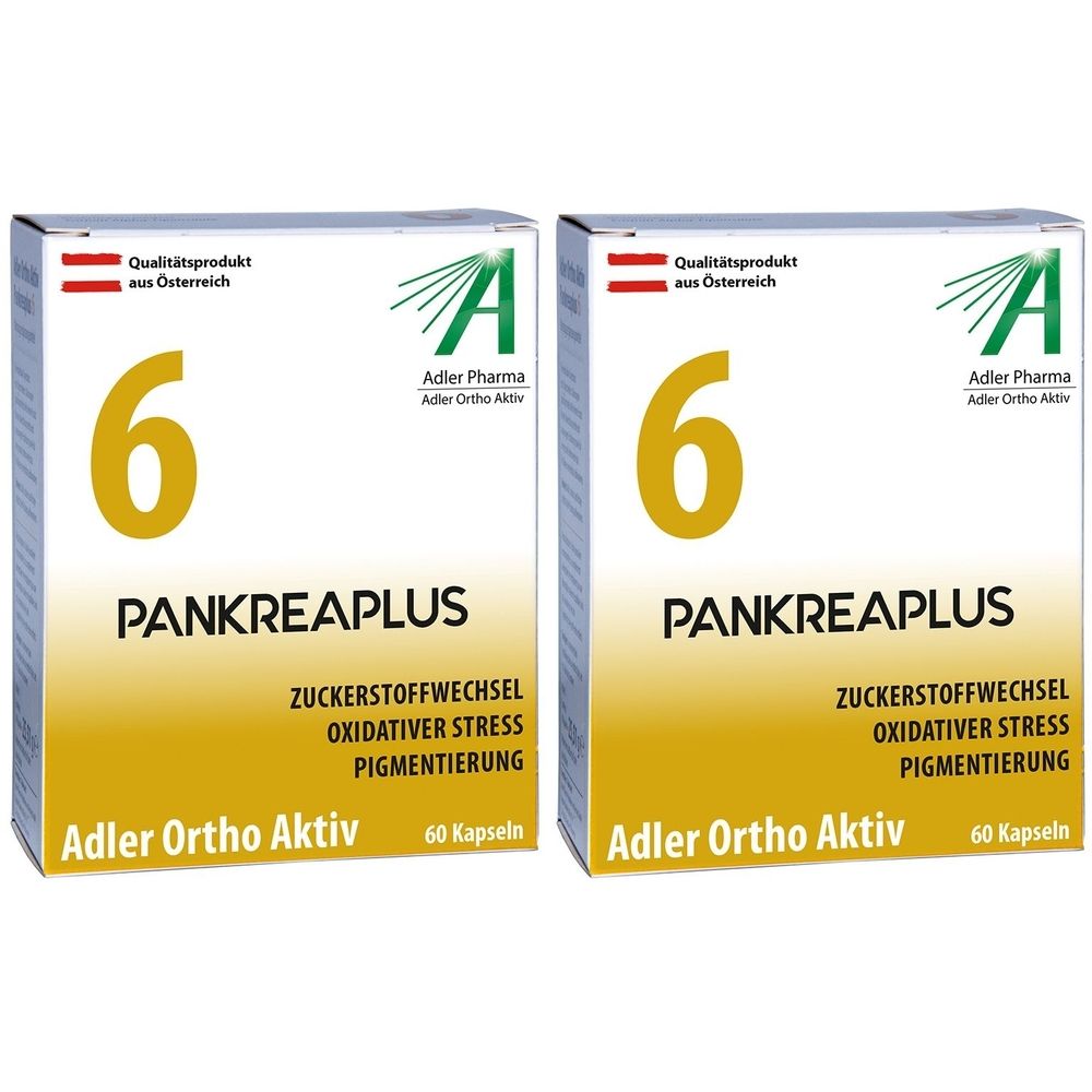 Zwei Schachteln Adler Ortho Aktiv Nr. 6. Aufschrift: PANKREAPLUS, 60 Kapseln. Qualitätszeichen aus Österreich.