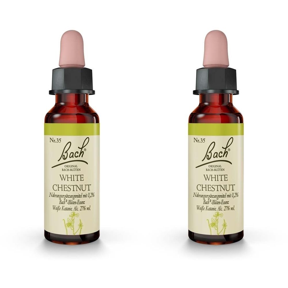 Zwei braune Glasflaschen mit Tropfer. Auf dem Etikett steht "Bach Original Bach-Blüten White Chestnut".