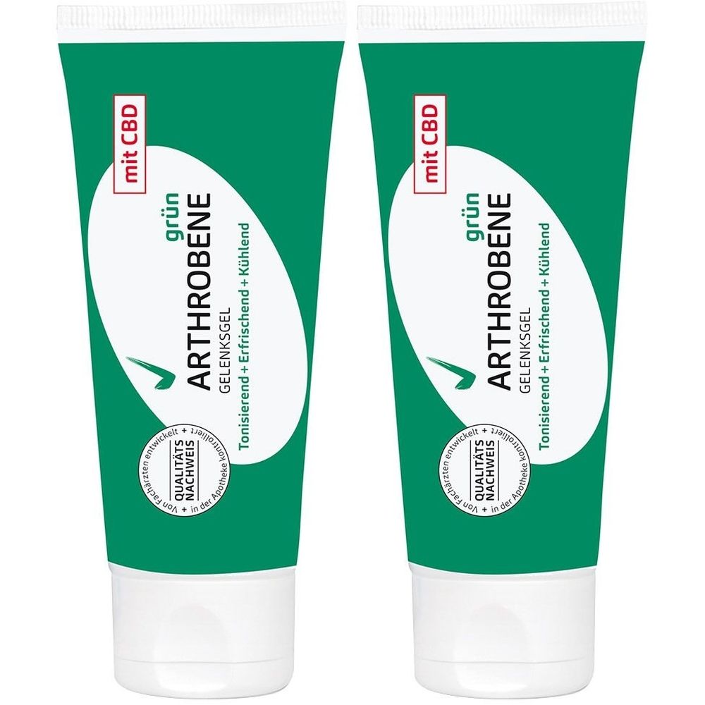 Zwei grüne Tuben mit weißem Deckel. Aufschrift: ARTHROBENE Gelenksgel, grün, mit CBD. Text: Tonisierend + Erfrischend + Kühlend.