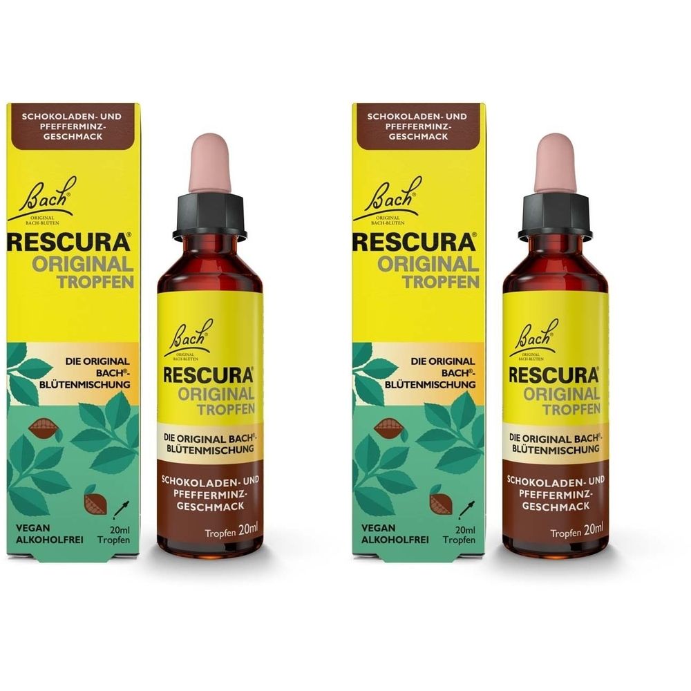Zwei Flaschen mit Tropfern und Verpackungen. Aufschrift: Bach RESCURA ORIGINAL TROPFEN. Geschmack: Schoko-Pfefferminz.