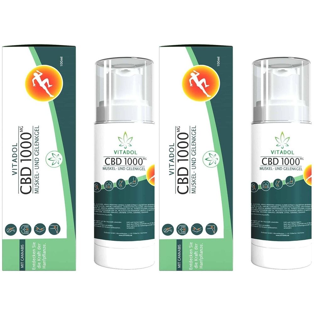 Drei Flaschen und Verpackungen von VITADOL CBD 1000 Muskel- und Gelenkgel. Weiße Flaschen mit transparentem Deckel, grüne Verpackung.