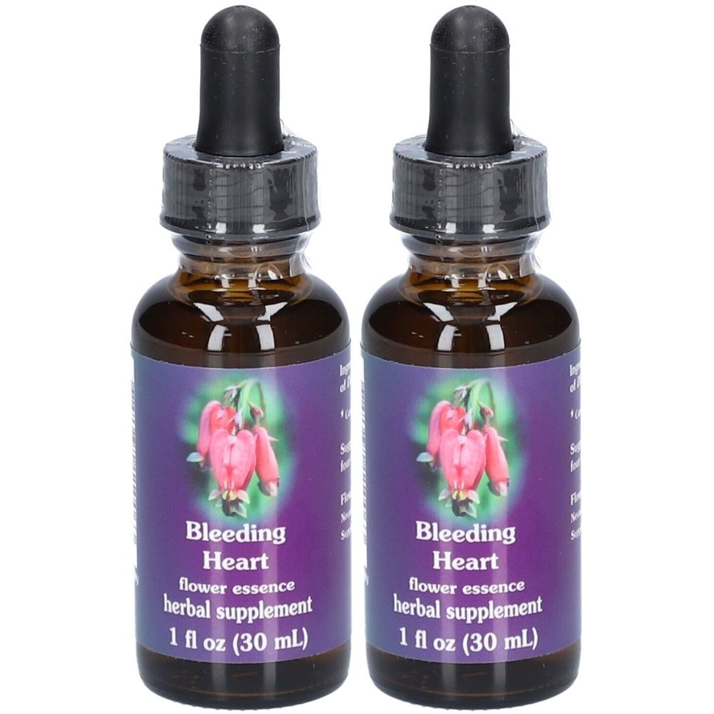 Zwei braune Glasflaschen mit schwarzen Tropfern. Auf den Etiketten steht "Bleeding Heart", "flower essence herbal supplement".