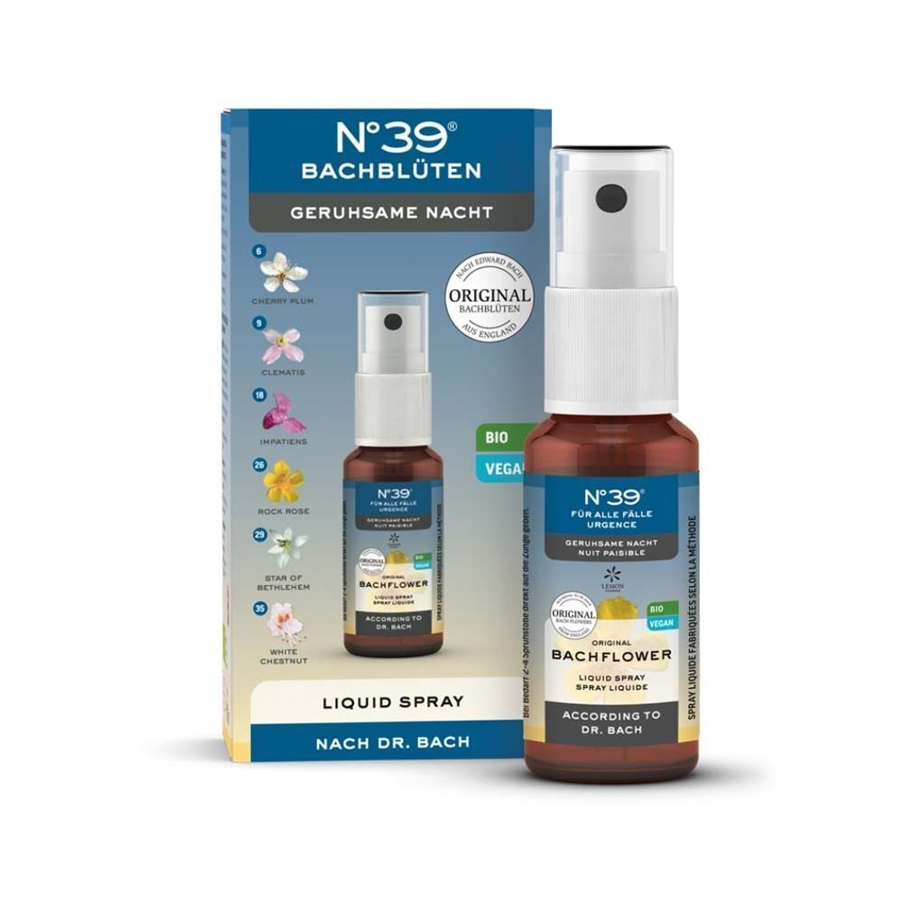 N°39 Original Bachblüten Liquid Spray mit Pumpsprühkopf und Kartonverpackung, zeigt Blütenbilder.