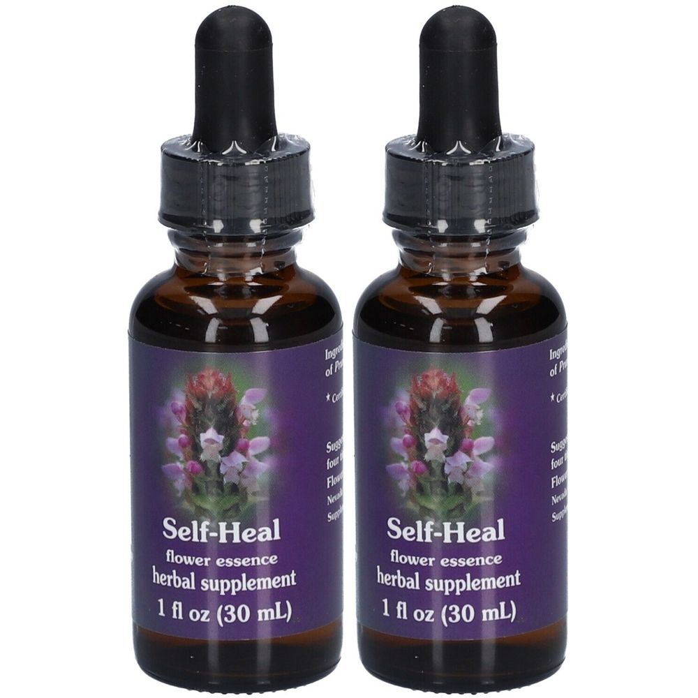 Zwei braune Glasflaschen mit schwarzen Pipetten. Auf den Etiketten steht "Self-Heal flower essence herbal supplement".