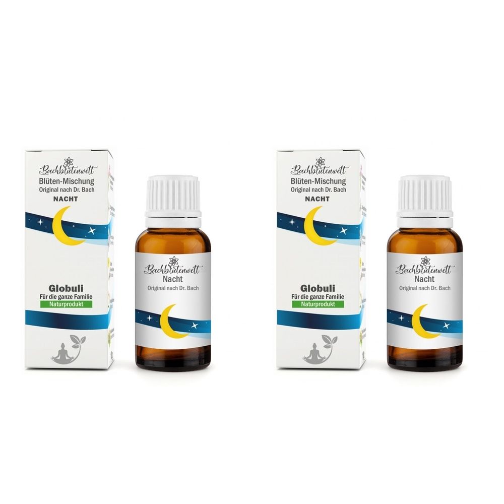 Zwei Flaschen und Verpackungen. Braune Glasflaschen mit weißen Deckeln. Weiße Verpackungen mit Mond- und Sternenmotiv.