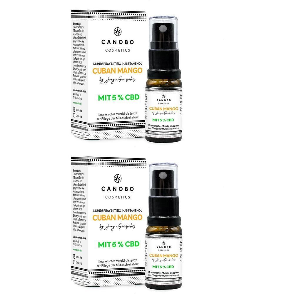 Zwei Flaschen CANOBO Mundspray mit 5% CBD und kubanischer Mango.