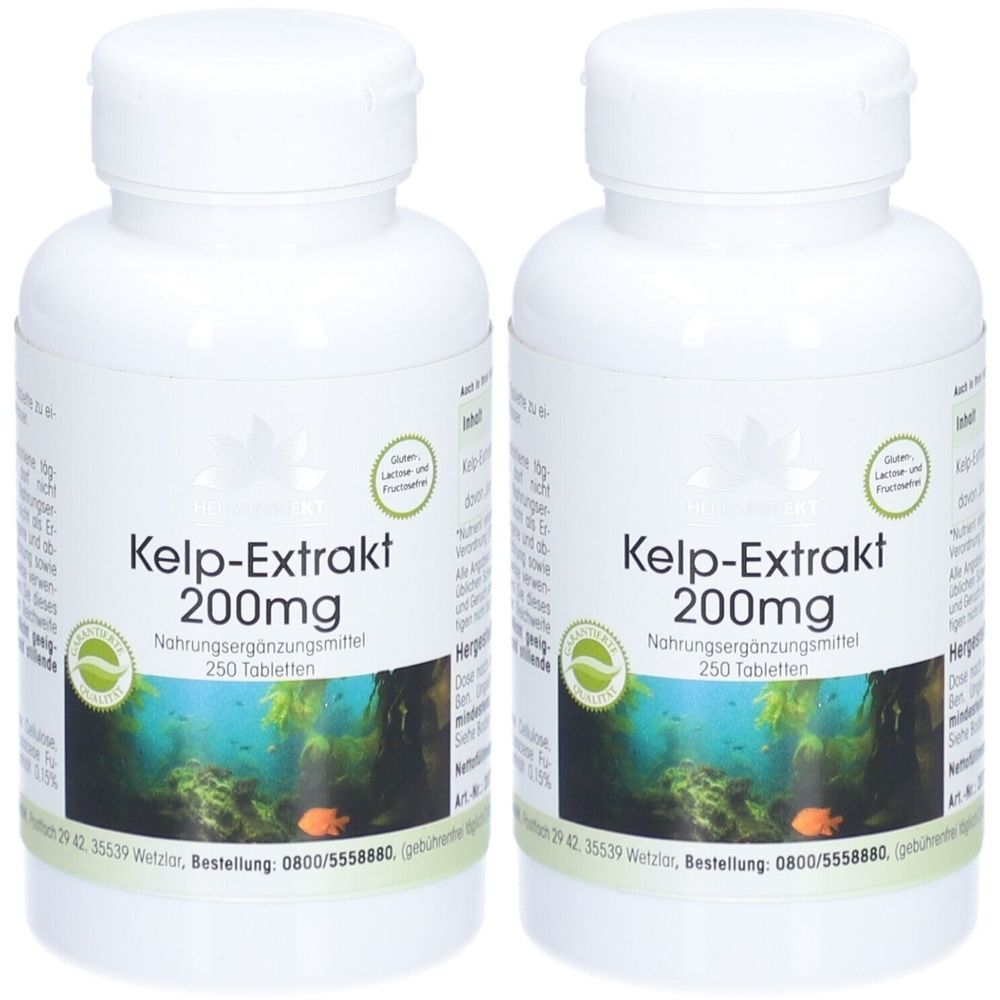 Zwei weiße Flaschen mit Kelp-Extrakt 200mg. Aufschrift: Nahrungsergänzungsmittel, 250 Tabletten. Grün-weißes Siegel.