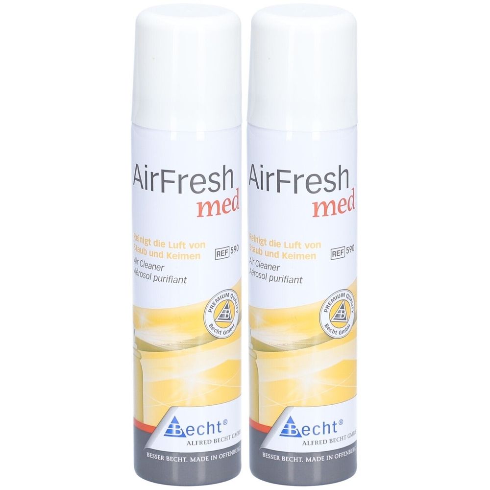 Zwei weiße Sprühdosen mit gelbem Etikett. Aufschrift: AirFresh med, reinigt Luft von Keimen. Marke: Becht.