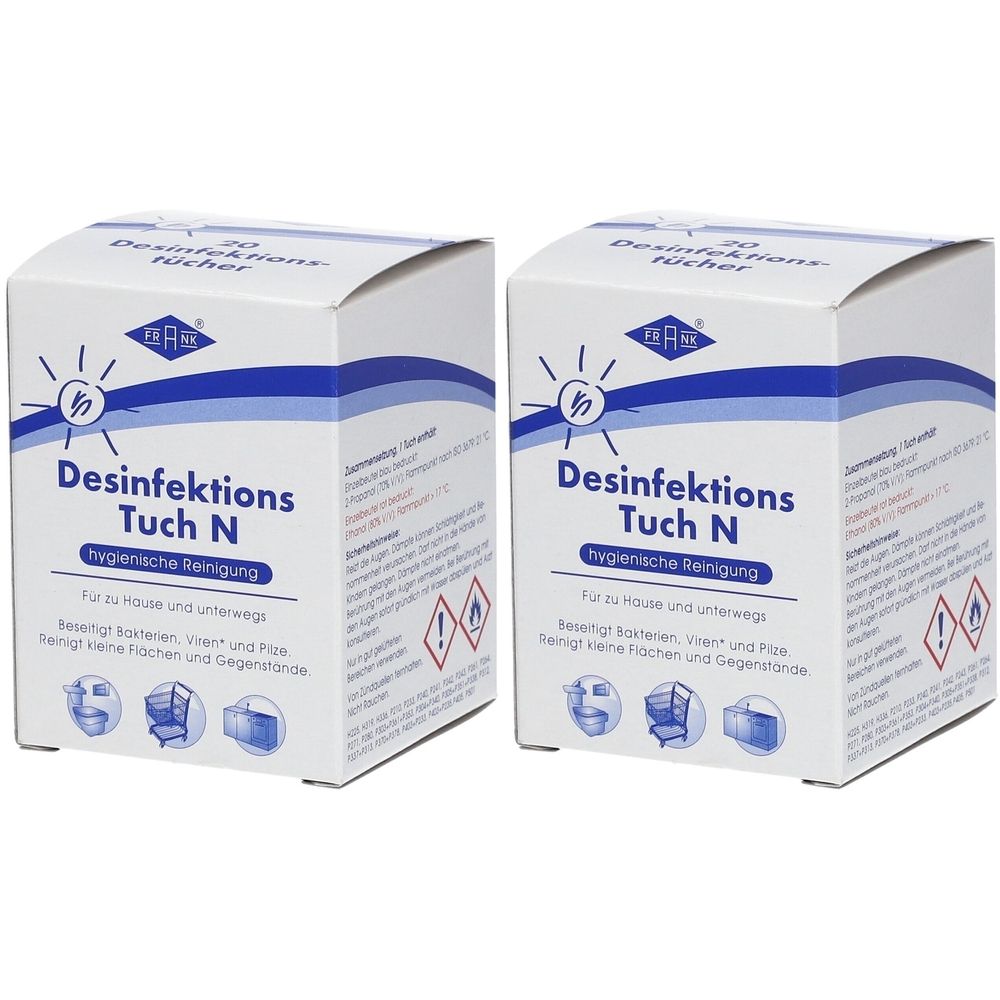 Zwei weiße Kartons mit blauer Schrift. Aufschrift: Desinfektions Tuch N, hygienische Reinigung. Enthält 20 Tücher. Für Haus und unterwegs.