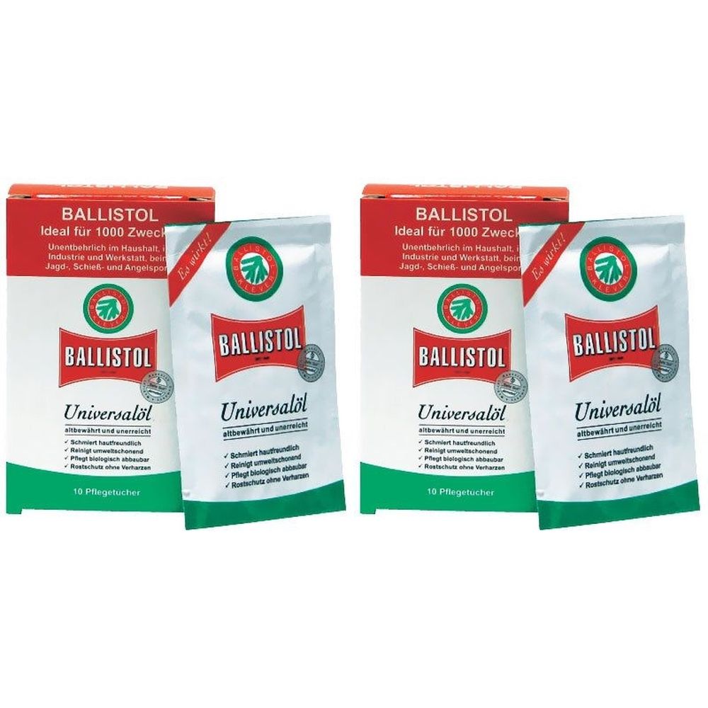 Zwei Packungen BALLISTOL Pflegetücher. Weiße Beutel mit rotem Logo und Text. Aufschrift: Universalöl. Rote Kartonverpackung.