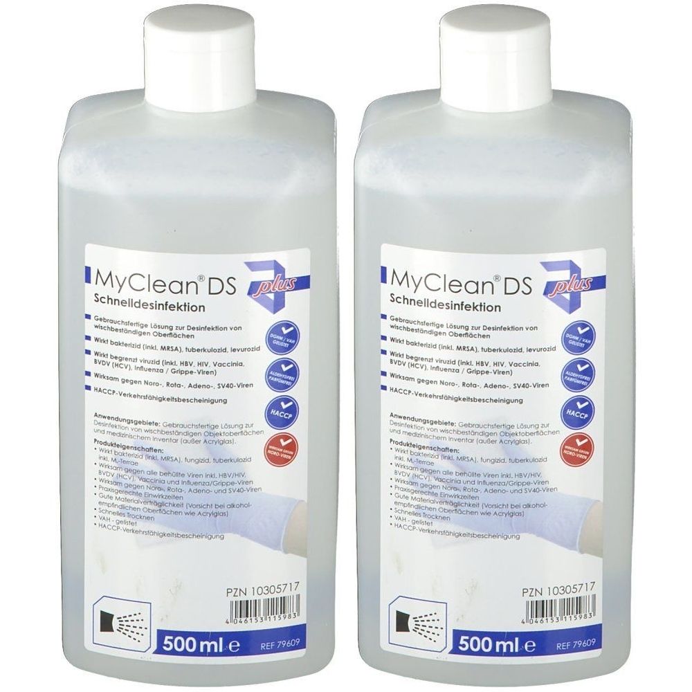 Zwei Flaschen MyClean® DS Schnelldesinfektion. Klare Flüssigkeit in transparenten Flaschen mit weißem Deckel und Etikett. 500 ml.