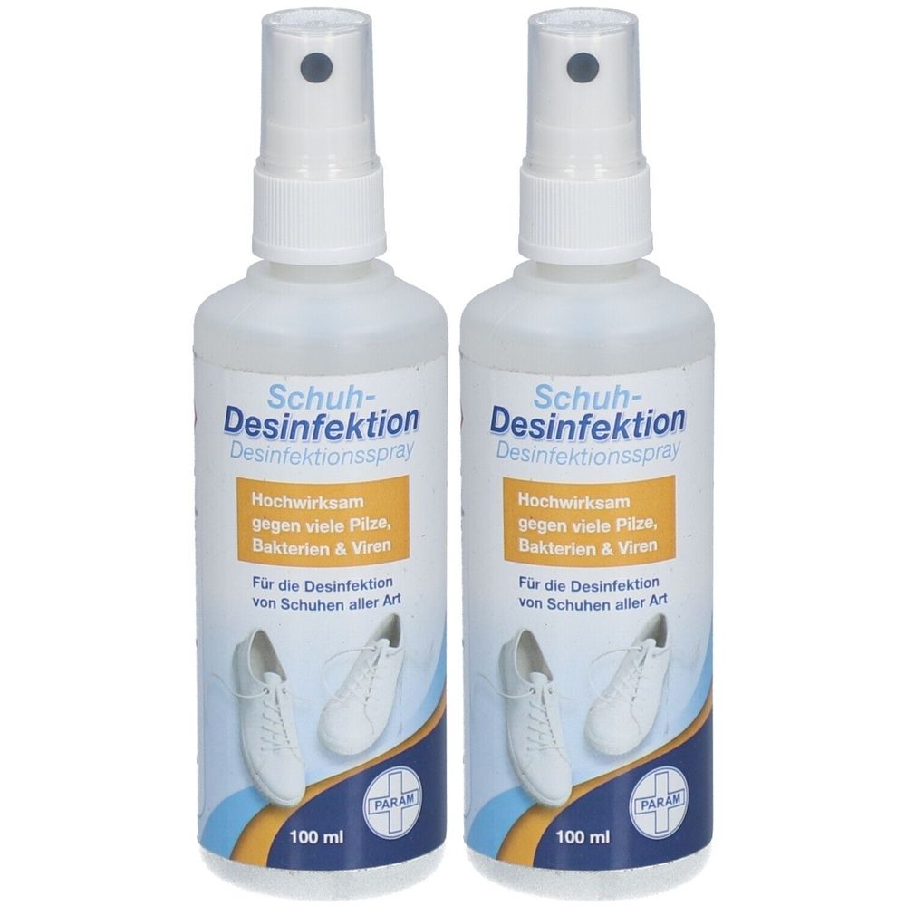 Zwei weiße Sprühflaschen mit schwarzem Sprühkopf. Aufschrift: Schuh-Desinfektion. Text: Gegen Pilze, Bakterien & Viren. 100 ml.