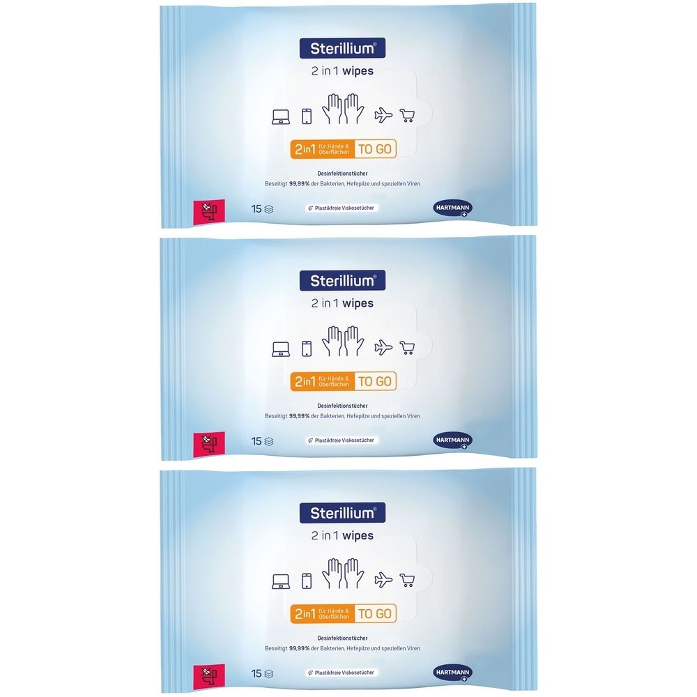Drei Packungen Sterillium 2 in 1 wipes. Blaue Verpackung mit Produktlogo und Icons. Enthält 15 Tücher.