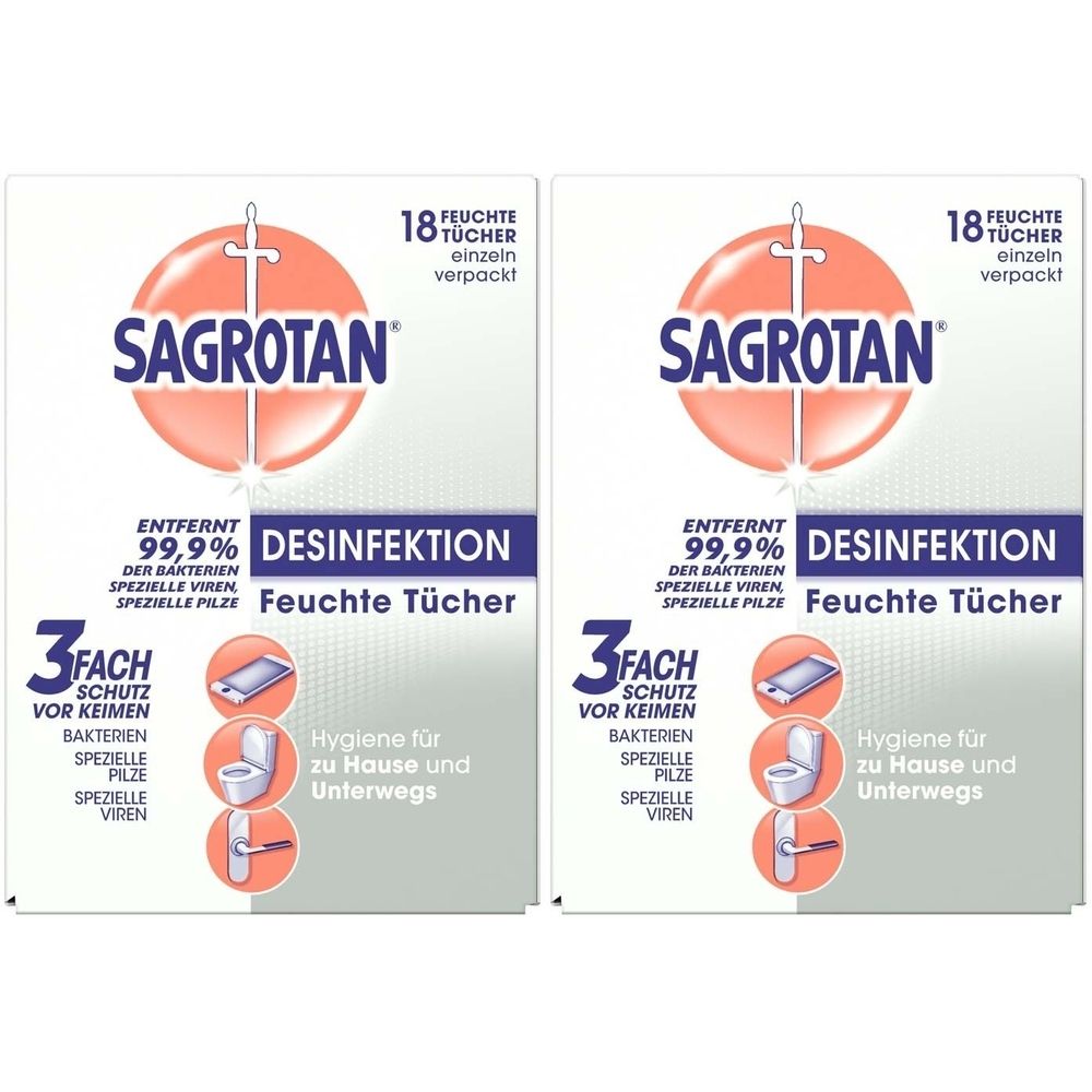 Zwei Packungen SAGROTAN® Desinfektionstücher. Weiße Verpackung mit Logo, Produktbezeichnung und Angaben zur Wirkung. 18 Tücher pro Packung.