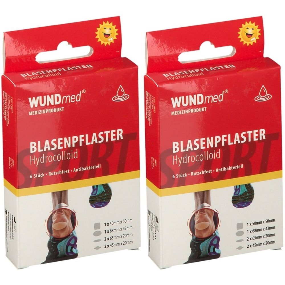 Zwei Packungen WUNDmed Blasenpflaster. Rote Verpackung mit Produktnamen und Größenangaben. 6 Stück.