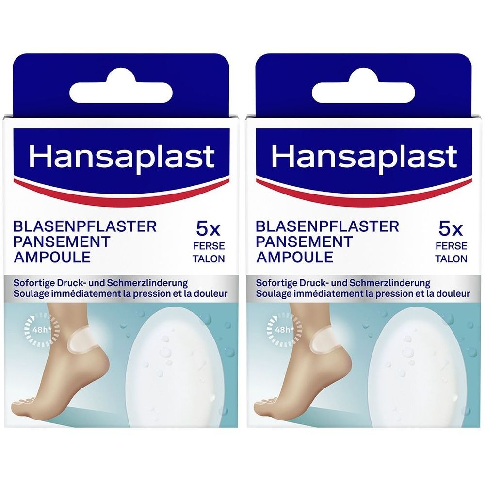Zwei Packungen Hansaplast Blasenpflaster. Aufschrift: Blasenpflaster, 5x, Ferse. Abbildung eines Fußes mit Pflaster.