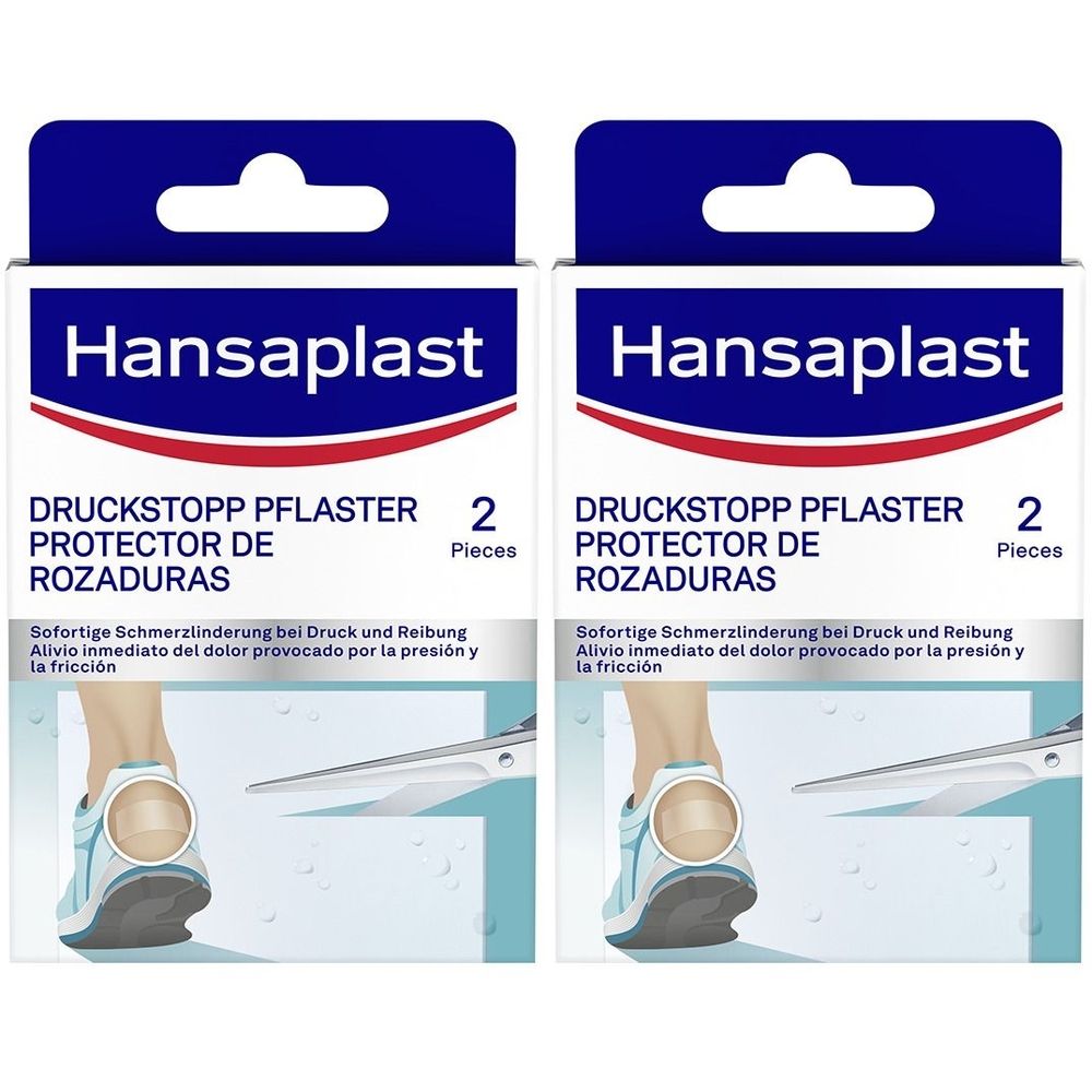Zwei Hansaplast-Verpackungen. Aufschrift: DRUCKSTOPP PFLASTER, 2 Stück. Abbildung eines Fußes mit Pflaster und Schere.