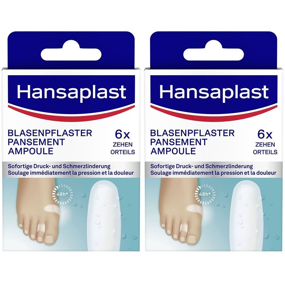 Zwei Packungen Hansaplast Blasenpflaster. Aufschrift: Blasenpflaster, 6 Stück. Darstellung eines Fußes mit Pflaster und Ampulle.