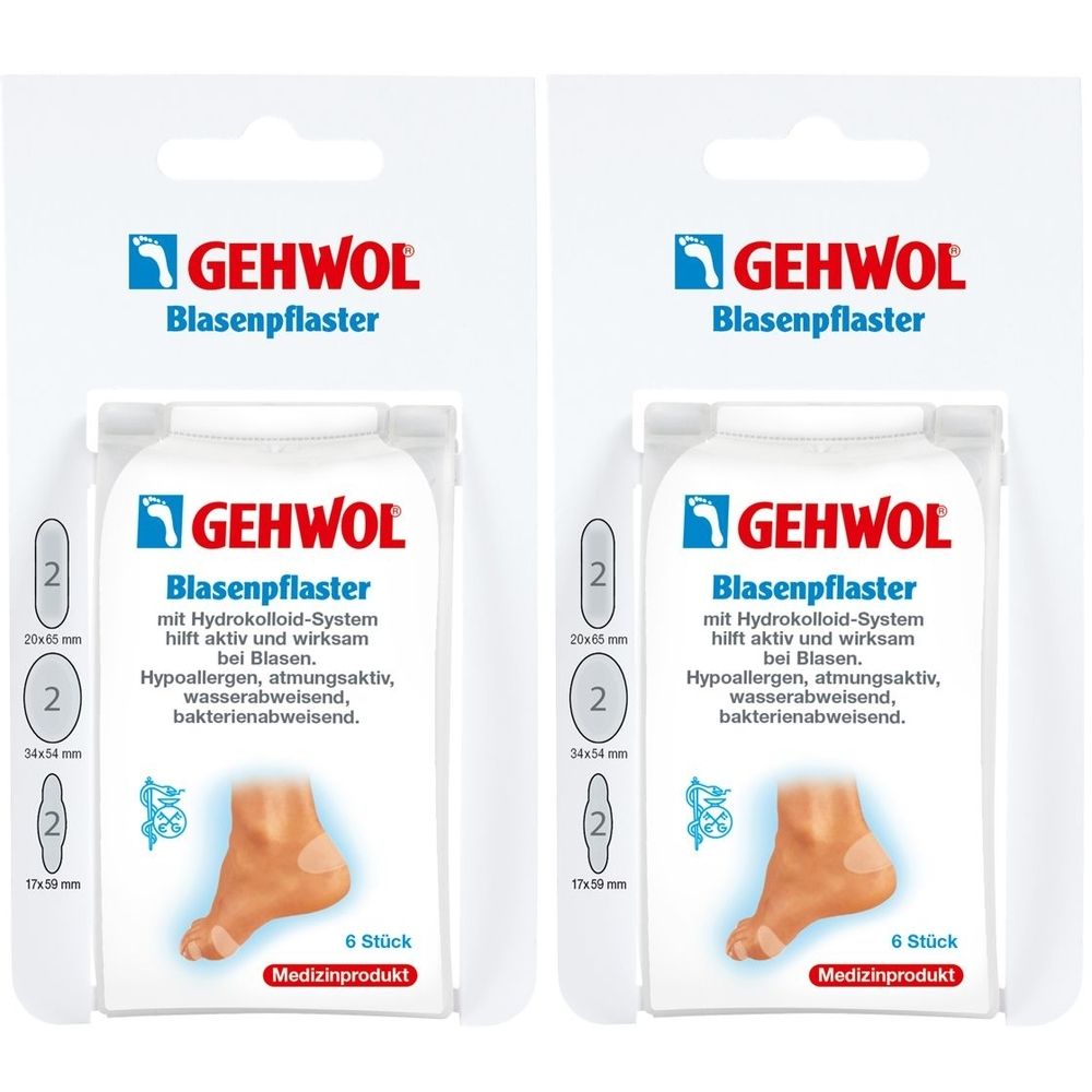 Zwei Packungen GEHWOL Blasenpflaster. Jede Packung enthält sechs Pflaster. Aufdrucke: Marke, Produktname, Eigenschaften, Größenangaben.