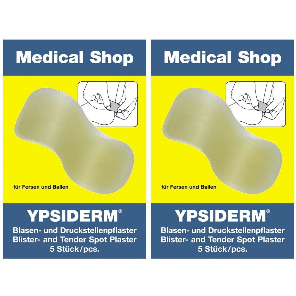 Zwei Packungen YPSIDERM® Blasenpflaster. Gelbliche, anatomisch geformte Pflaster. Text: Blasen- und Druckstellenpflaster, 5 Stück/pcs.