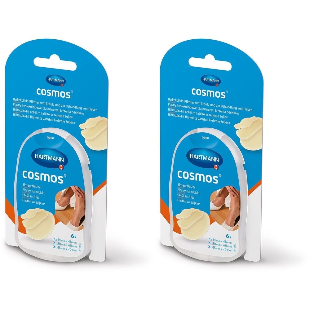 Zwei Packungen cosmos® Blasenpflaster. Blaue Verpackung mit Produktabbildung. Marke HARTMANN. Sechs Pflaster pro Packung.