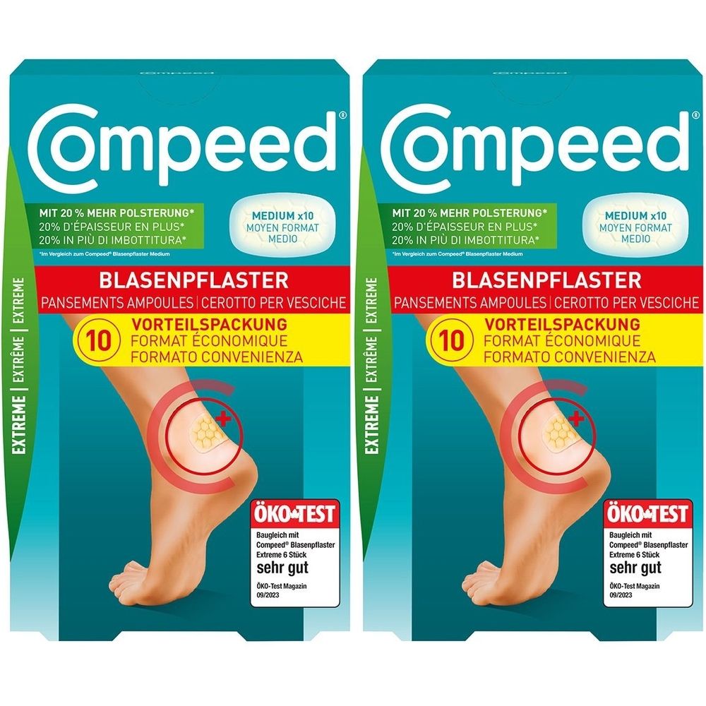 Zwei Packungen Compeed Blasenpflaster. Aufdruck: Vorteilspackung, Öko-Test Siegel. Abbildung eines Fußes mit Pflaster.