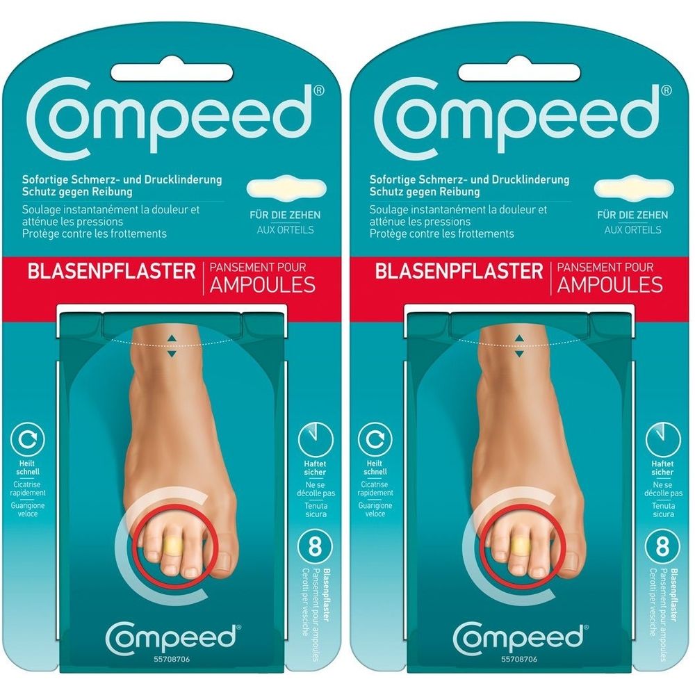 Zwei Compeed Blasenpflaster-Verpackungen. Auf jeder Verpackung ist ein Fuß mit einem Pflaster auf dem Zeh abgebildet.