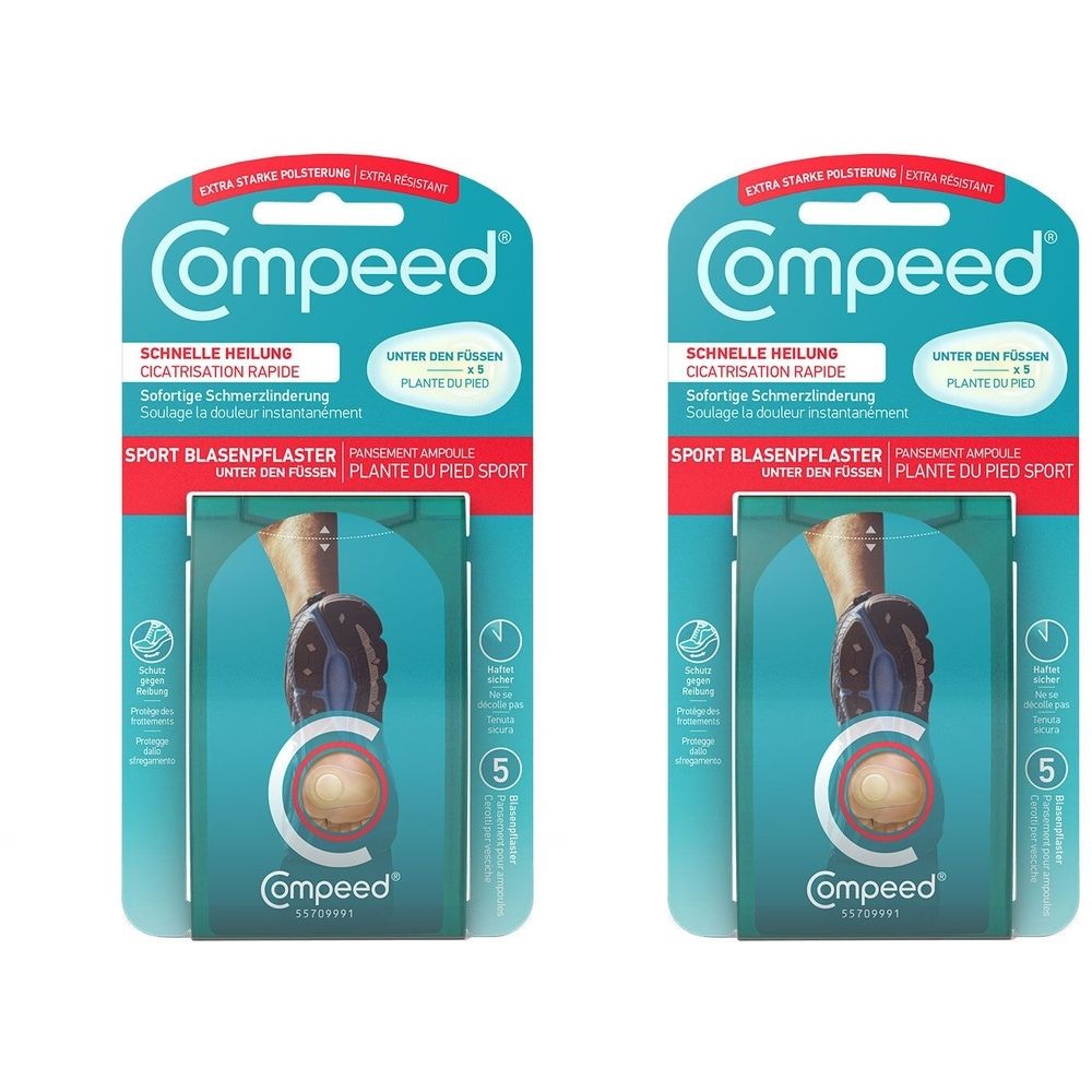 Zwei Packungen Compeed Blasenpflaster. Blaue Verpackung mit Produktabbildung und Text. Enthält 5 Pflaster.