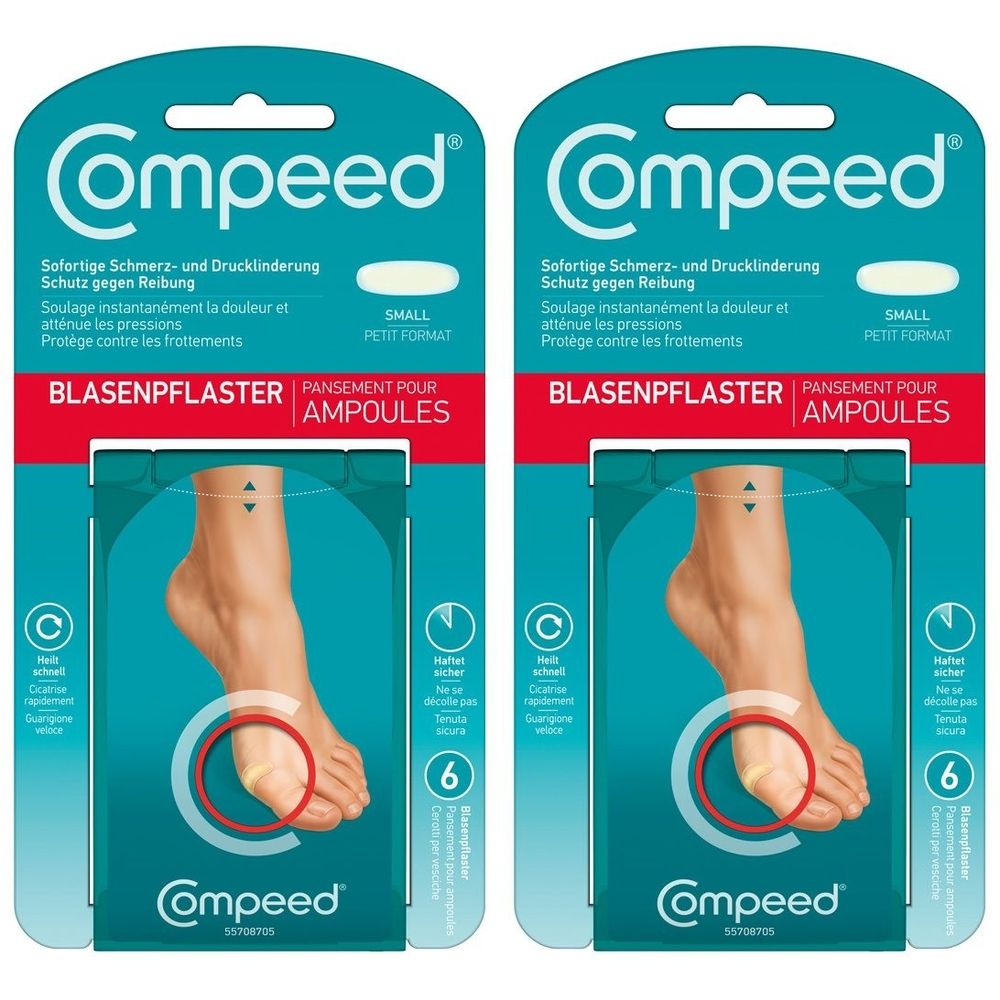 Zwei Packungen Compeed Blasenpflaster small. Verpackung mit Produktabbildung und Fuß. Text: Sofortige Schmerzlinderung.
