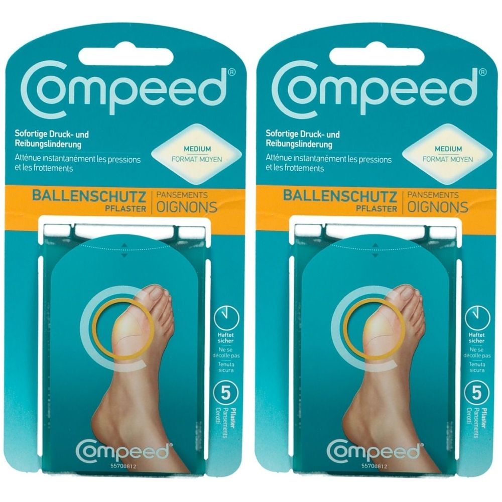 Zwei Compeed® Ballenschutzpflaster-Verpackungen. Türkis-gelbe Verpackung mit Produktabbildung und Produktnamen. Enthält 5 Pflaster.