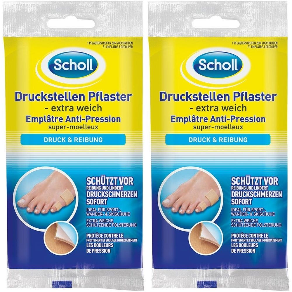 Zwei Packungen Scholl Druckstellen Pflaster. Gelb-weiß Verpackung mit Produktnamen und Fußabbildung. Schützt vor Reibung und lindert Schmerzen.