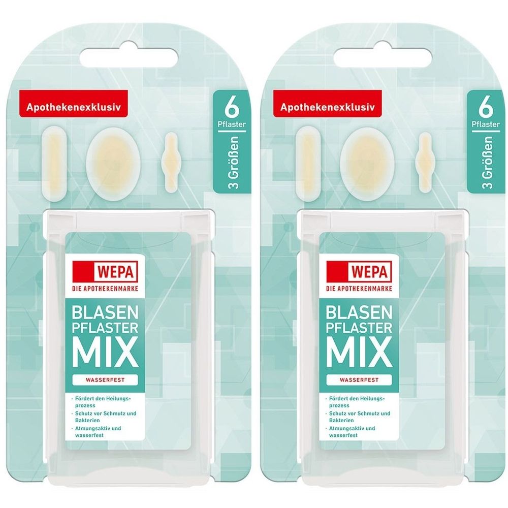 Zwei Packungen WEPA Blasenpflaster Mix. Jede Packung enthält 6 Pflaster in 3 Größen. Apothekenexklusiv. Wasserfest.