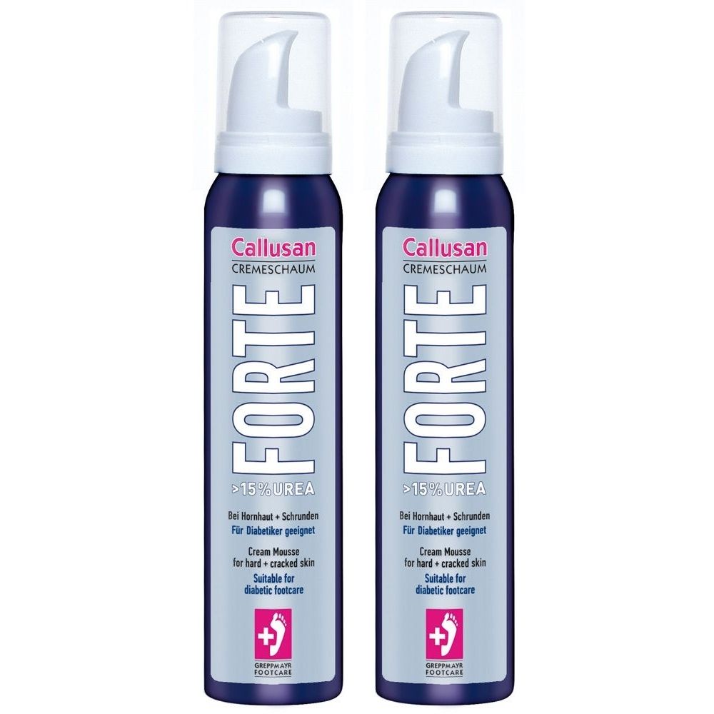 Zwei blaue Sprühdosen mit weißem Pumpkopf. Aufschrift: Callusan Cremeschaum FORTE. Text: >15% UREA, Cream Mousse, für diabetische Fußpflege.