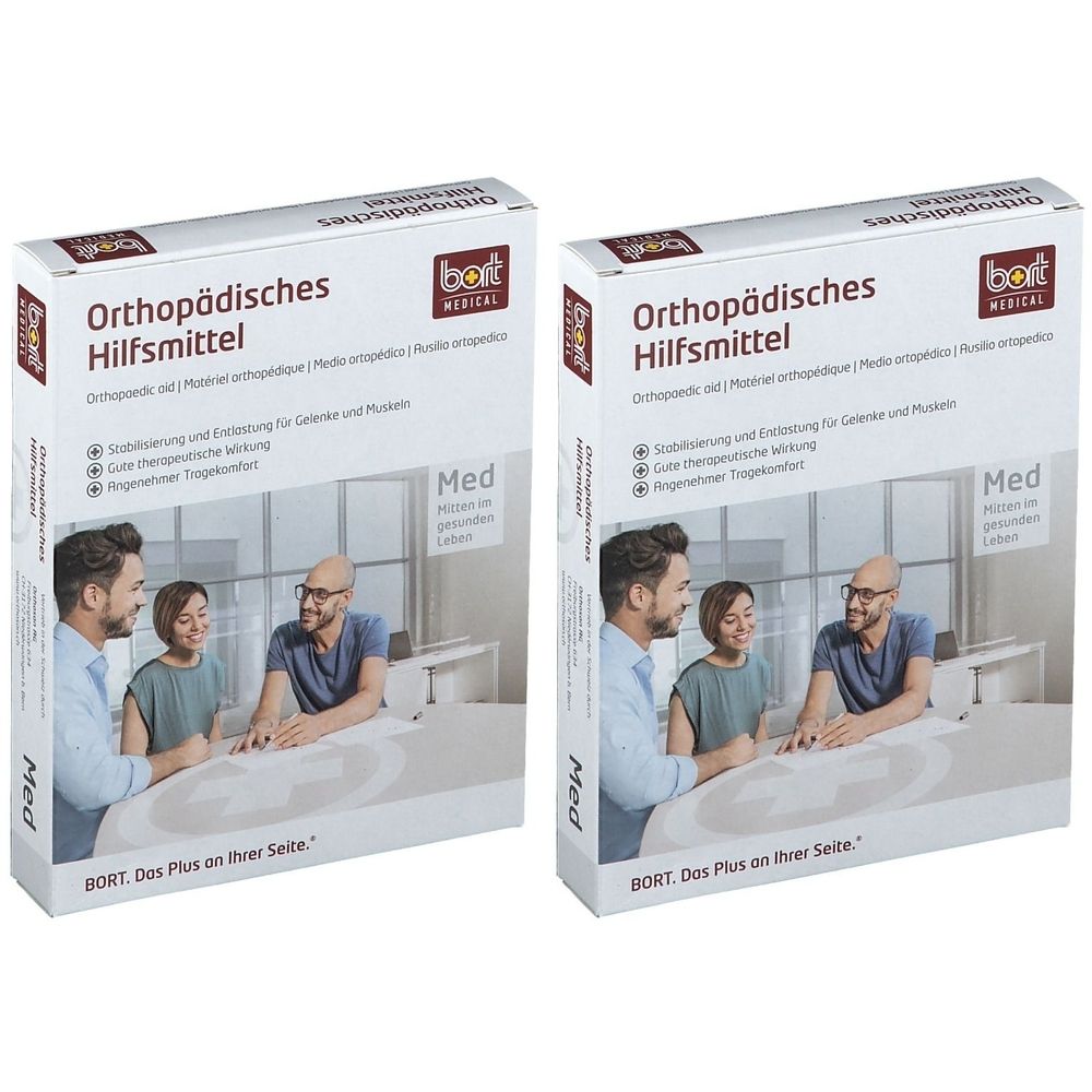Zwei rechteckige Verpackungen. Aufschrift: Orthopädisches Hilfsmittel. Marke: BORT MEDICAL. Abbildung von Personen. Text: Med. BORT. Das Plus an Ihrer Seite.
