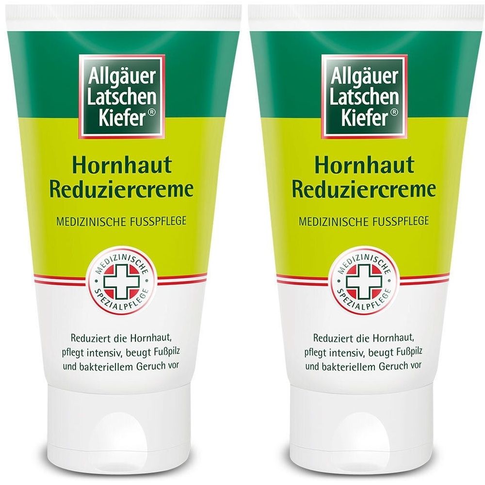 Zwei Tuben Hornhaut Reduziercreme. Weiß, grün und gelb. Aufschrift: Allgäuer Latschen Kiefer, Hornhaut Reduziercreme, medizinische Fußpflege.