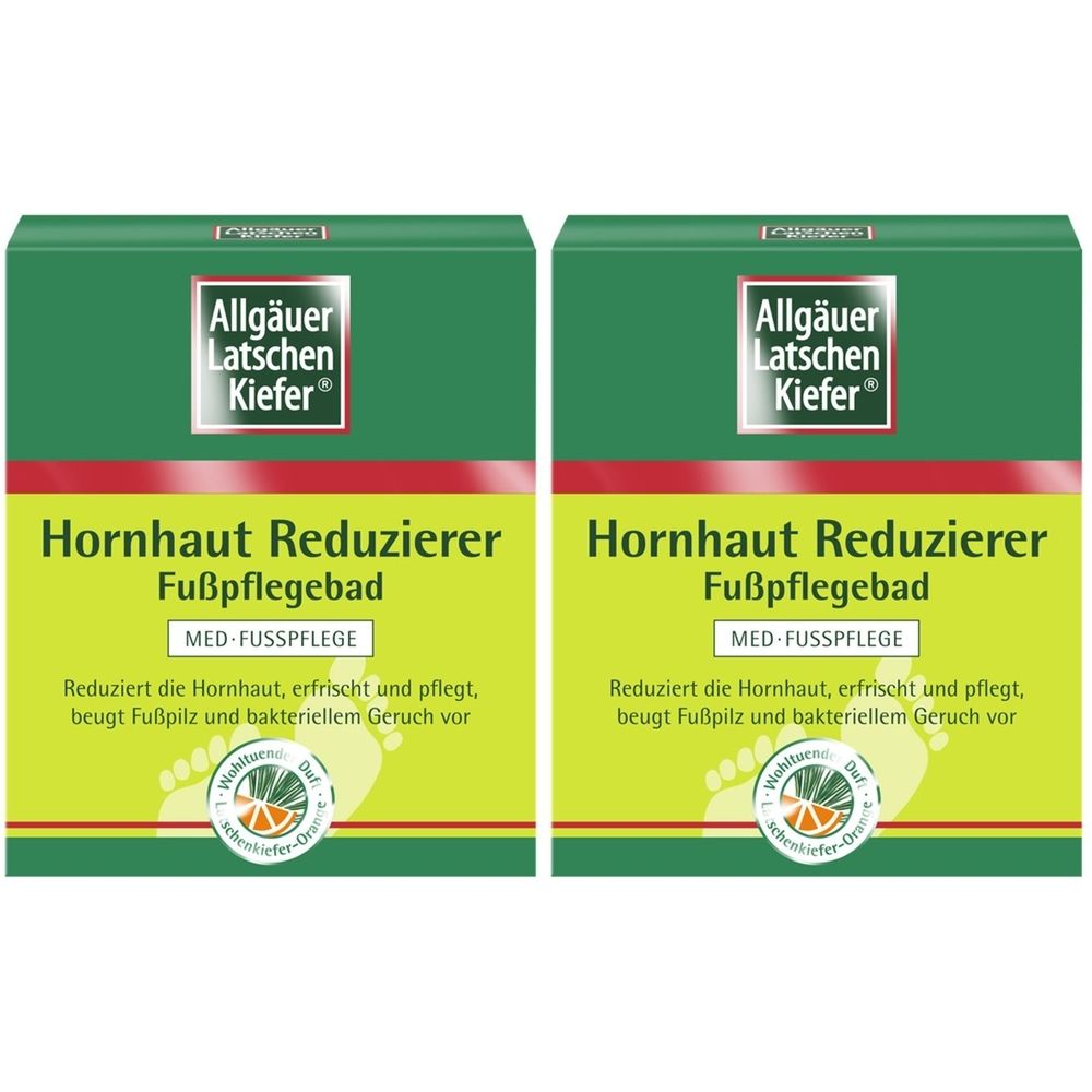 Zwei grüne Verpackungen mit Produktnamen und Logo. Text: Hornhaut Reduzierer Fußpflegebad. Marke: Allgäuer Latschen Kiefer®.