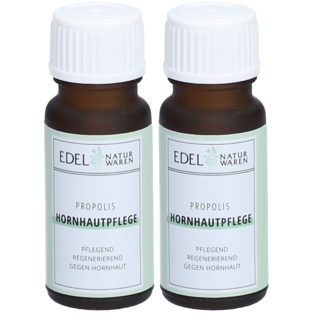 Zwei braune Glasflaschen mit weißen Deckeln. Etikett mit EDEL NATURWAREN, PROPOLIS HORNHAUTPFLEGE, pflegend, regenerierend.