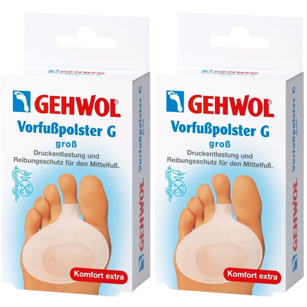 Zwei Packungen mit Vorfußpolster G. Weiße Verpackung mit blauem Logo und Produktbezeichnung. Aufdruck: Druckentlastung und Reibungsschutz.